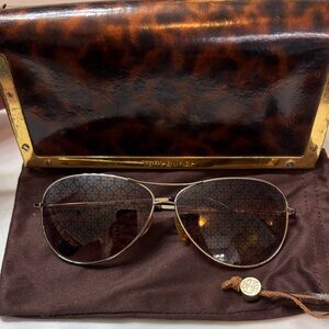 Tory Burch Gold Frame Sunglasses with Logo and Brown Lenses
